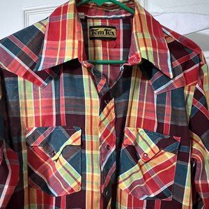 Vintage Tem Tex Plaid Western Shirt Men’s Lg Pearl Snap Cowboy 70’s Sexy Cool